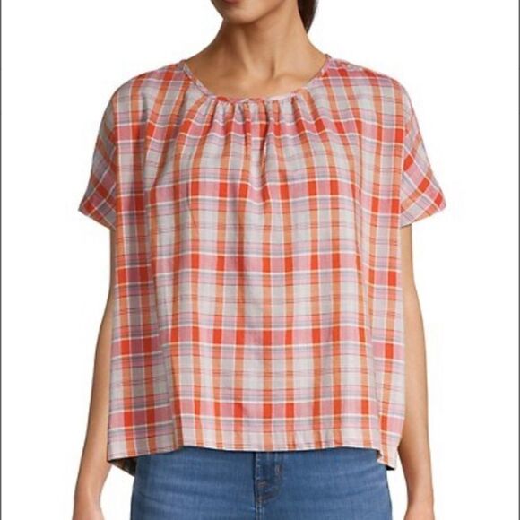 Enamel Red June Hero Plaid Shirred-Neck Short-Sleeve Top - Picture 1 of 7